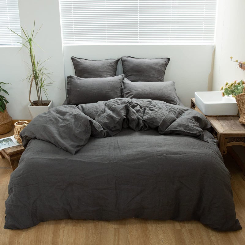 Simple&Opulence 100% Linen Duvet Cover Set 2pcs Basic Style Natural French Washed Flax Solid Color Soft Breathable Farmhouse Bedding with Button Closure - Dark Grey, Twin - Image 1
